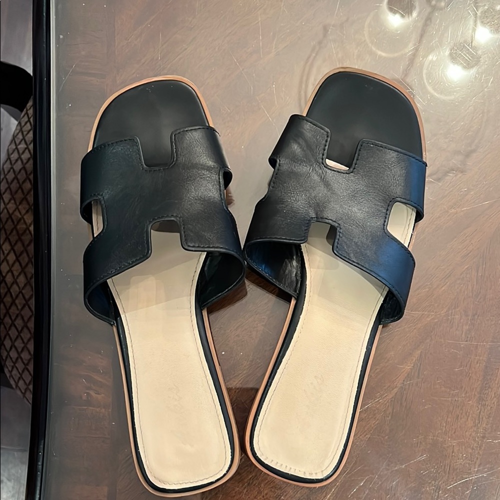 Black Leather Women's Slide Sandals